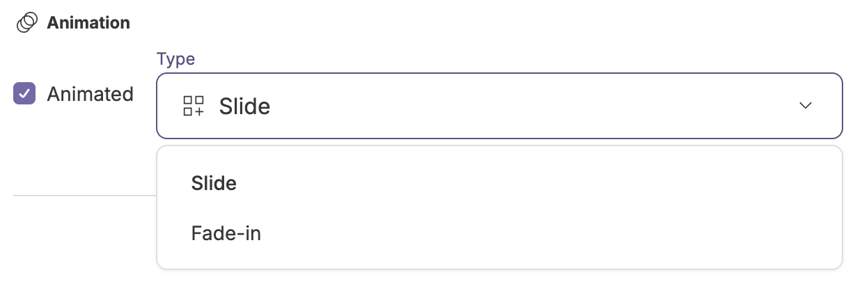 Panel with the animated option selected and a drop-down menu expanded showing the slide and fade-in options