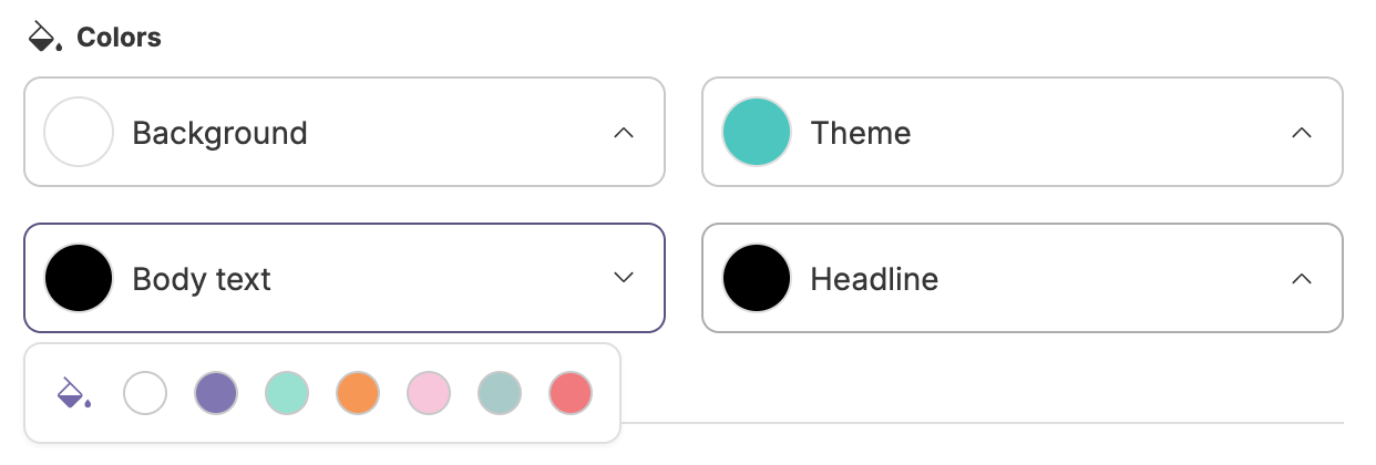 Panel showing background, body text, theme, and headline text color previews. Selecting a preview opens a menu with a paint can icon and a set of preselected colors to choose from